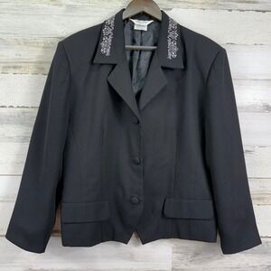 TanJay Vintage Womens Black Blazer Jacket Embroidered Collar Rhinestones Size 14